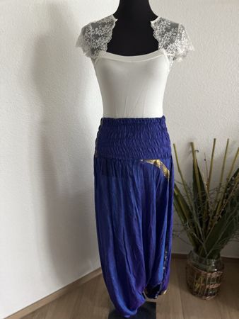 Haremshose/Pluderhose, Blau mit Goldmuster, Sommerlich