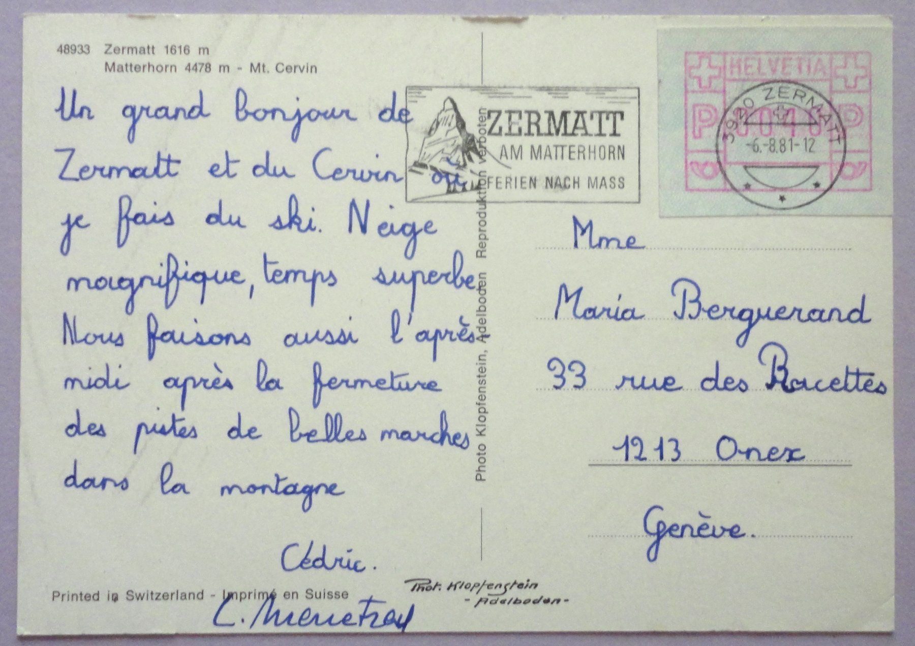 Cartoline postali: Zermatt - Matterhorn – Usato da Fétigny venduto da Billy2miny 1