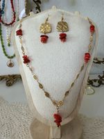 Gold Necklace & Earrings Set Red Coral Unique Summer Style