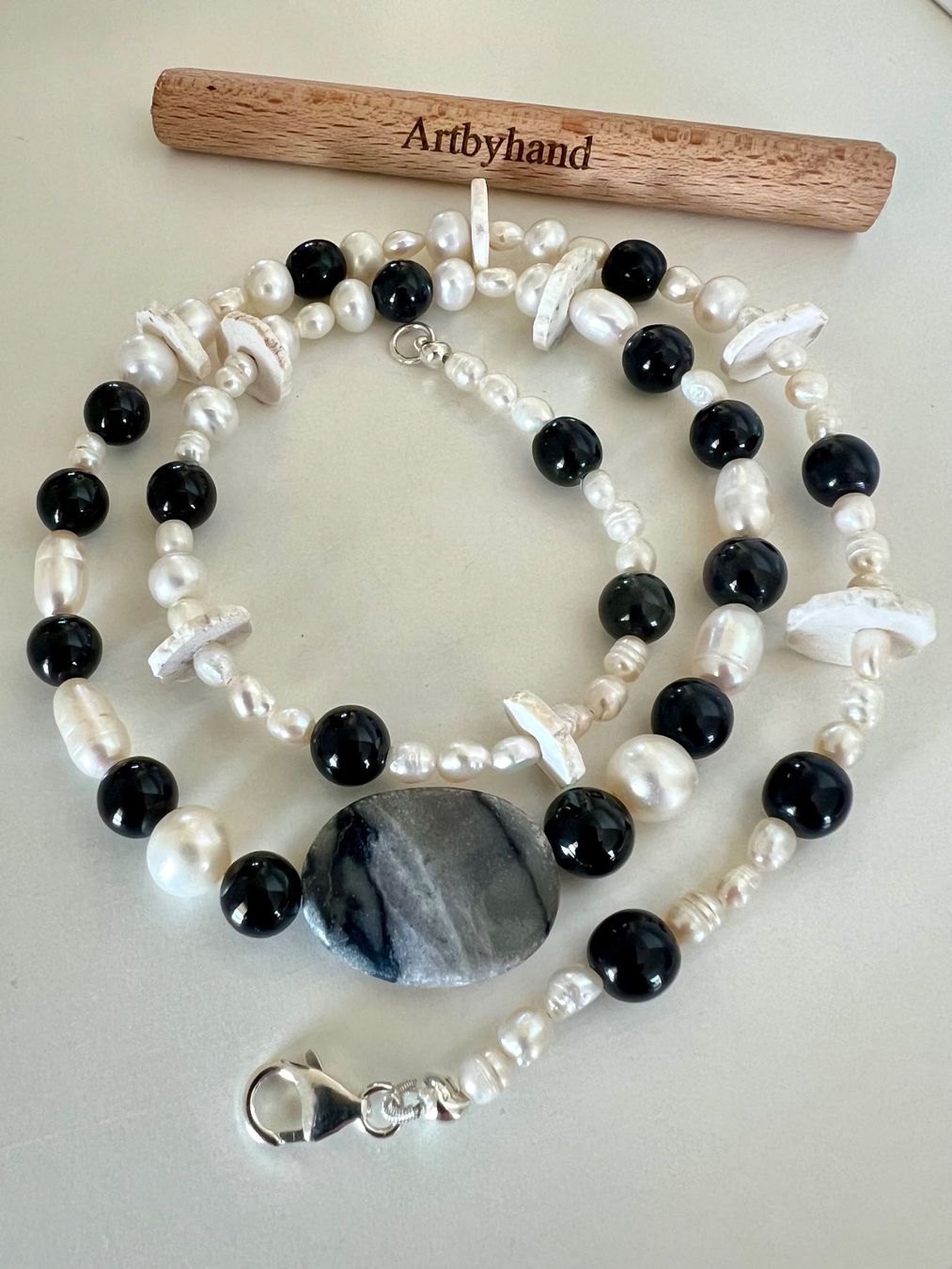 Catenine: Echtperlen Longkette Onyx Picasso Marmor 925 Silber 60cm Neu – Nuovo (secondo la descrizione) da Ruswil venduto da artbyhand