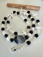 Echtperlen Longkette Onyx Picasso Marmor 925 Silber 60cm Neu