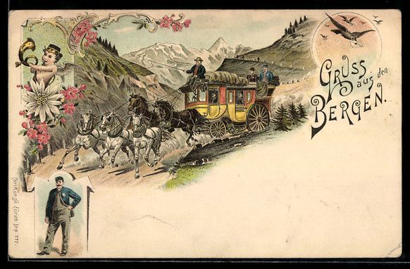 Cartoline postali: Litho Gruss aus den Bergen, Postkutsche  – Usato da Berlin venduto da bartko-reher