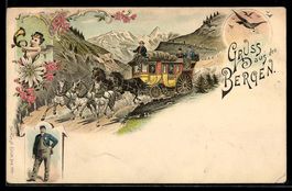 Litho Gruss aus den Bergen, Postkutsche 