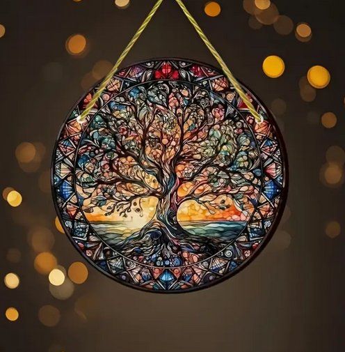 WOHAHA Buntglas-Sonnenfänger Lebensbaum – 20 Cm, Handbemalt, Für Fenster & Garten, Inkl. Aufhänger