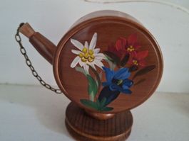 Vintage Musikdose Teekanne Holz Edelweiss- Alpenrose-Enzian