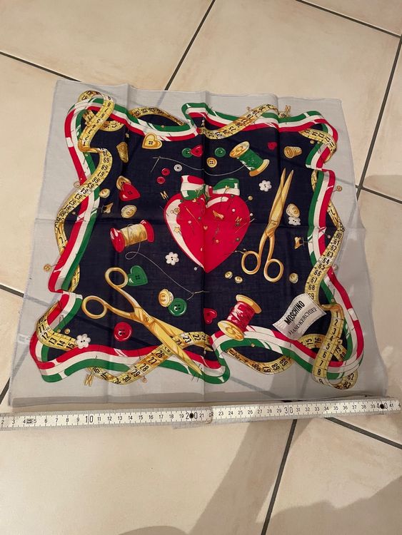 Foulard Vintage En Soie Moschino - Motif Géométrique Et Fleurs, Made In Italy, Occasion