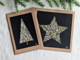 2er Set Weihnachtskarten Handbemalt Gold Stern & Tannenbaum