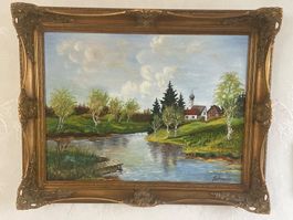 Gemälde "Landschaft mit See", prächtiger Rahmen !, 80x100cm