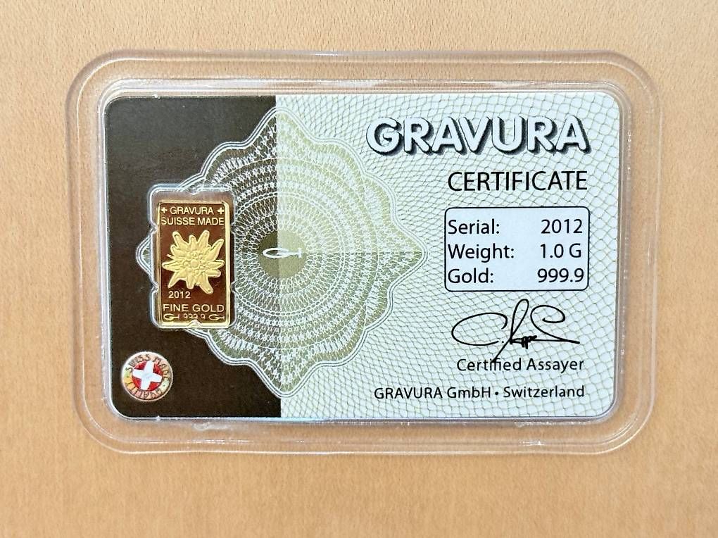 Edelmetalle: 1g Gravura Edelweiss 2012, Feingold – Neu und originalverpackt aus Weinfelden von Potz-Millione