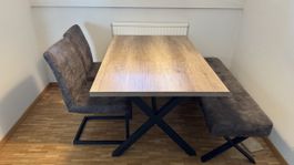 Dining Table and Bench Set, Oak Effect, Metal Legs