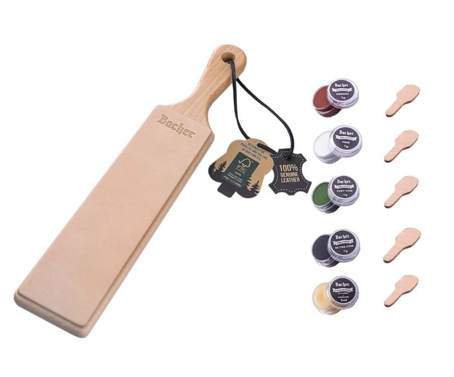 Kit DIY Cuir Affûtage Couteaux Bacher - Strop Cuir 20,6x5,6cm Avec Pâtes Polissage
