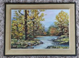 Müller A., Ölbild, Flusslandschaft, Bäume, Steine, Wasser