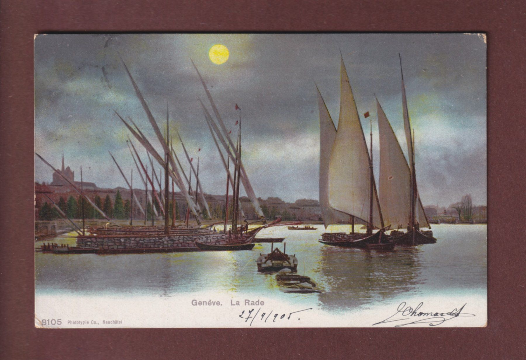 Cartes postales: GENEVE - Barques du Léman - Clair de laune - 1905 – D'occasion à Pully par nicecards