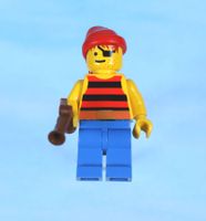 LEGO Minifigur Pirate Red / Black Stripes Shirt, Blue Legs