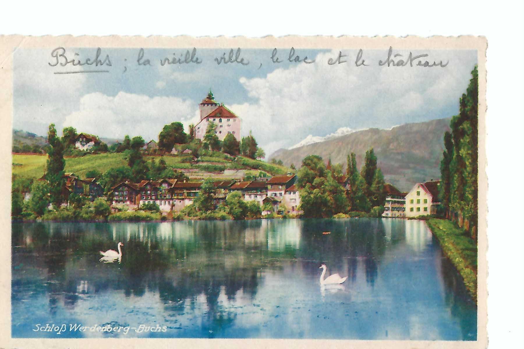 Cartoline postali: Buchs SG,  Schloss Werdenberg-Buchs, See, Schwäne 1937 – Usato da Thun venduto da 44wart