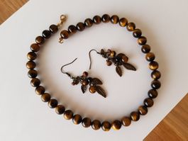Kette Tigerauge mit passenden Ohrringen, sehr guter Zustand