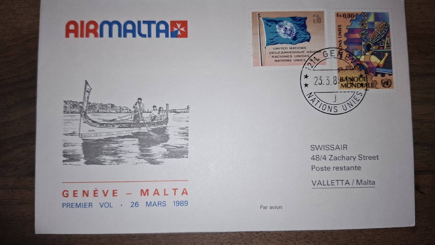 Alle Briefmarken: Air Malta Geneve - Malta 26.03.1989 – Gebraucht aus Balgach von SIMEON27
