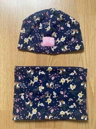 Schal Mütze Herbst Frühling Mädchen Gr. 74/80 Blau Motiv Reh