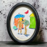 Dessin pastel sec "A la plage" signé JACQUES POTIER 1974