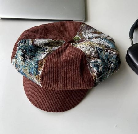 Retro patchwork beret cap Braun - Casquette béret