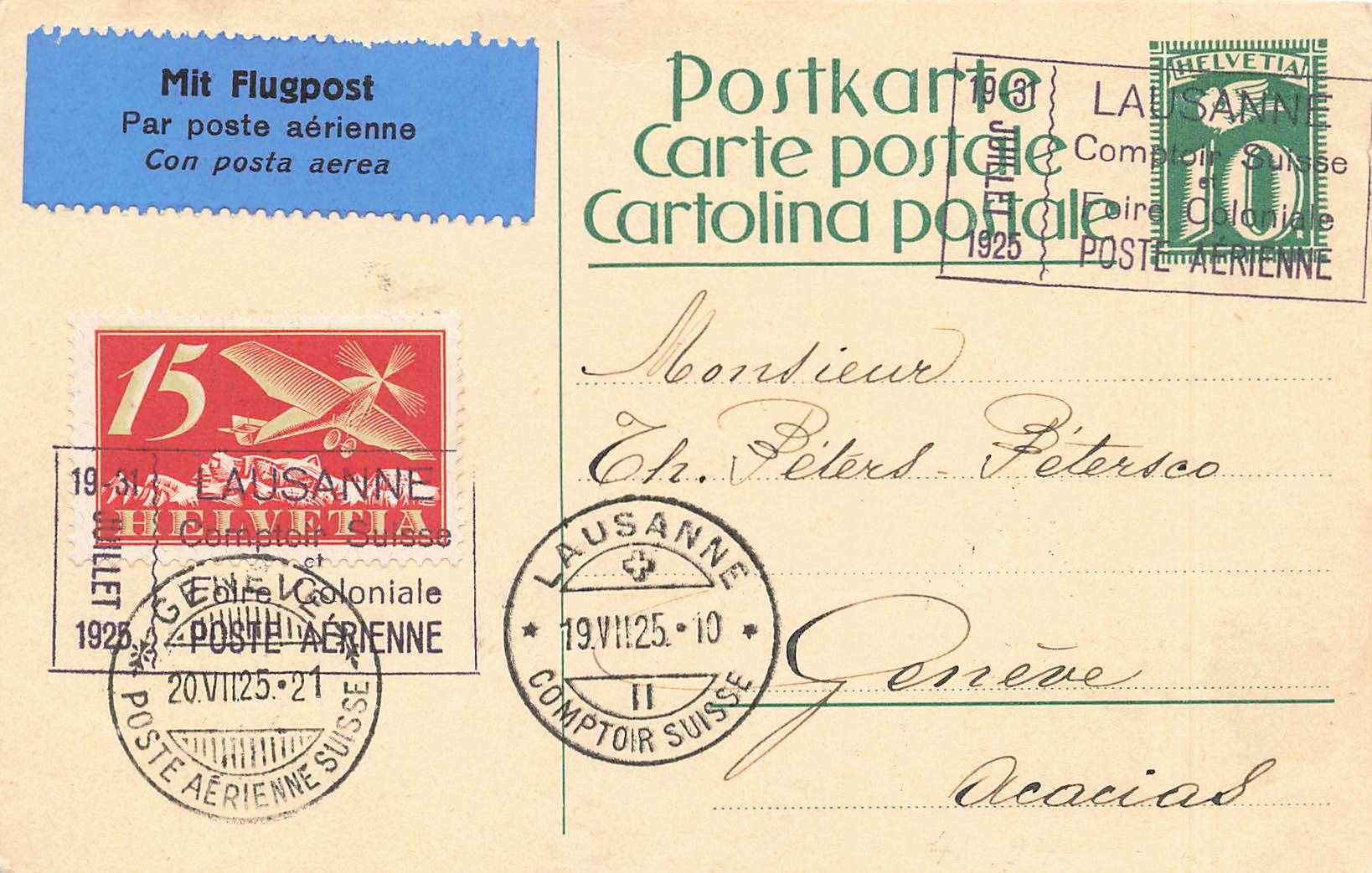 Tous les timbres: Schweizer Flugpost Ganzsache 1925 Lausanne – D'occasion à Biasca par Blenio71