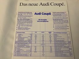 Audi Coupé Verkaufsprospekt 32 Seiten plus Preisliste 1.1989