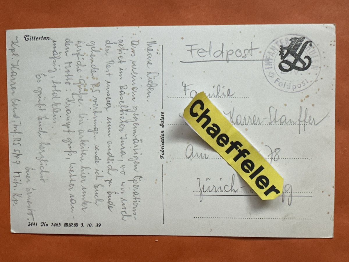 Ansichtskarten: Feldpost: Titterten – Gebraucht aus Zürich von Chaeffeler 1