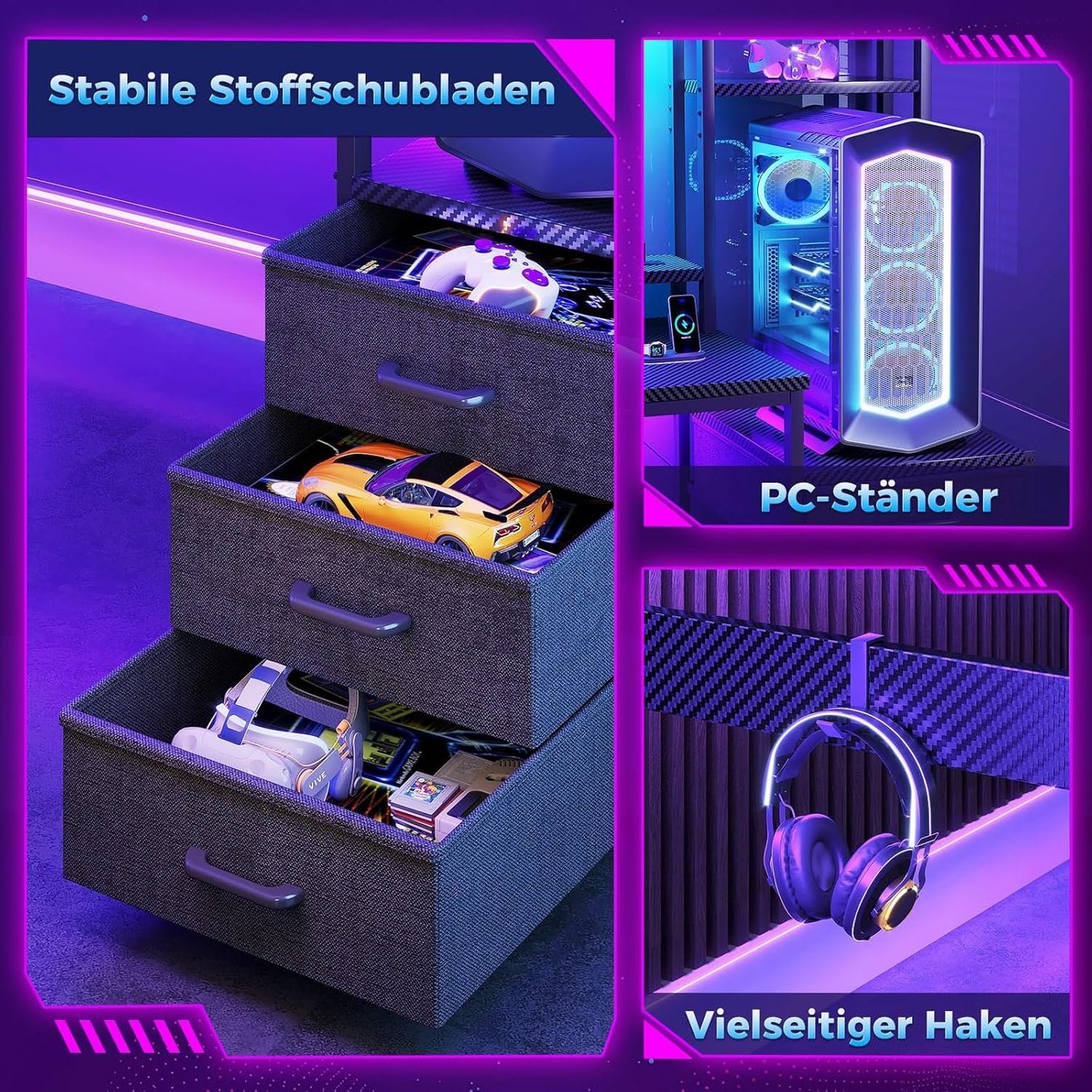 Scrivanie: Gaming Tisch mit LED Steckdose Regal Schubladen 137cm – Nuovo e nell'imballaggio originale da Zürich venduto da jasminleut 4
