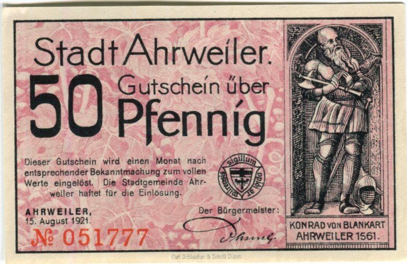 Banconote: Notgeld "50 Pfennig. Ahrweiler 1921" – Usato da Basel venduto da Butsch5