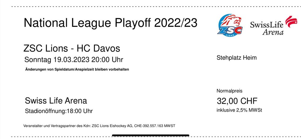 ZSC HCD TICKET STEHPLATZ HEIM | Kaufen Auf Ricardo