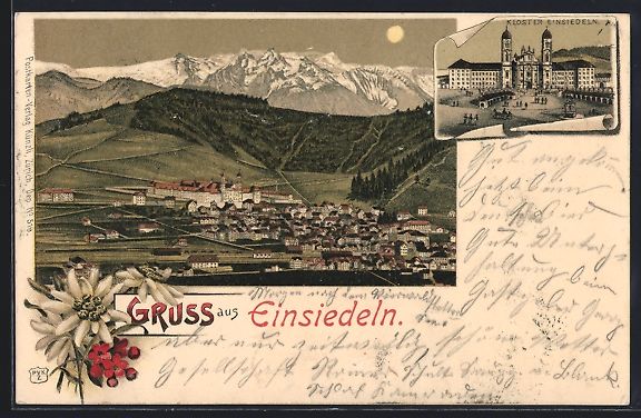 Cartoline postali: Litho Einsiedeln, Panorama vom Ort mit A – Usato da Berlin venduto da bartko-reher
