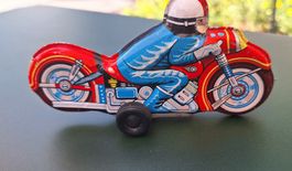 Blechmotorrad mit Fahrer rot blau Metall Spielzeug 