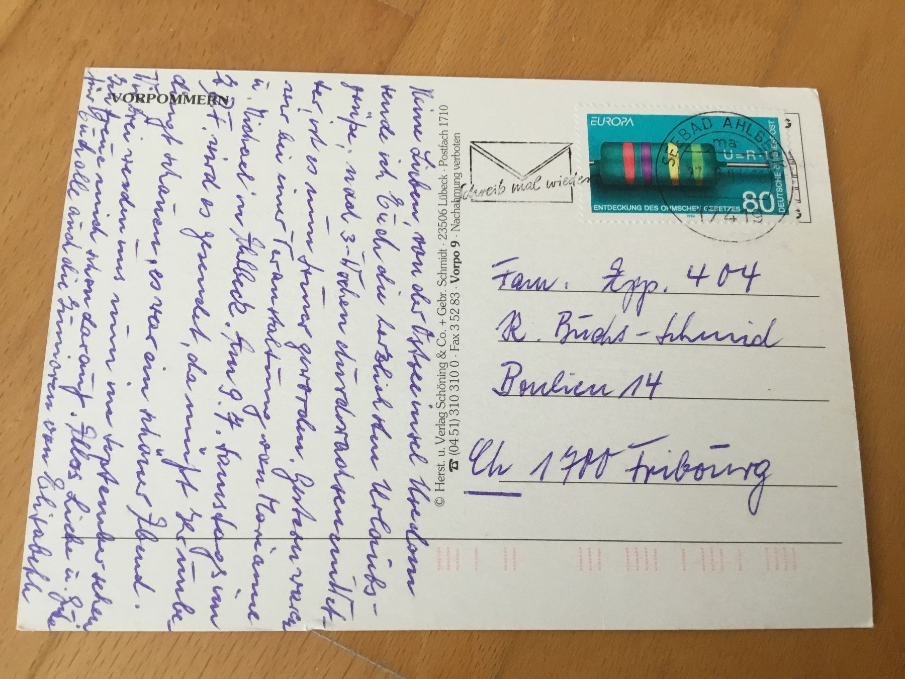 Cartoline postali: Ansichtskarte Vorpommern 1990er – Usato da Kerzers venduto da Georges3210 1