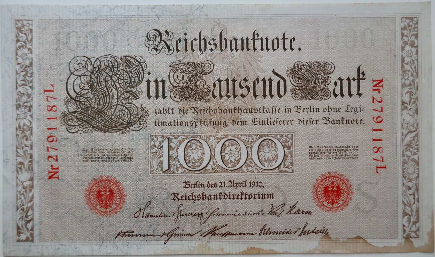 Banconote: Reichsbanknote 1000 Mark 21. April 1910 – Usato da Möhlin venduto da PHILABARTIS