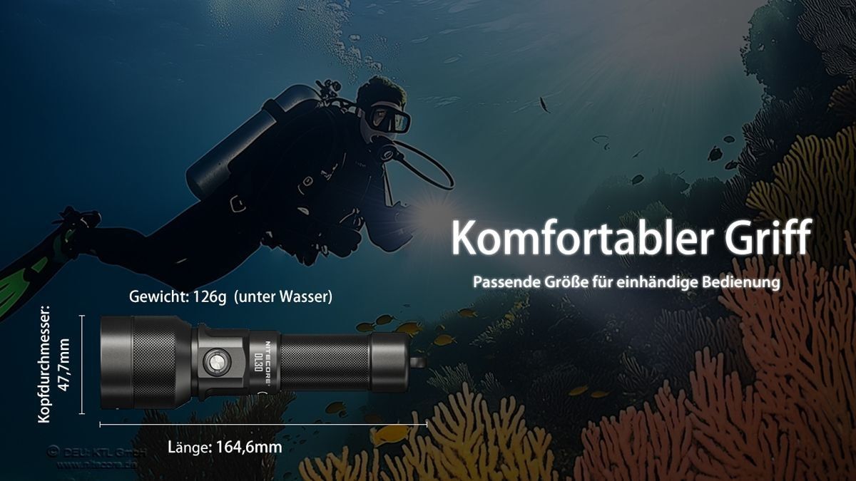 NiteCore Lampade: Nitecore Tauchlampe DL30 - 100 Meter wasserdicht – Nuovo e nell'imballaggio originale da Grüningen venduto da Prolumin 5