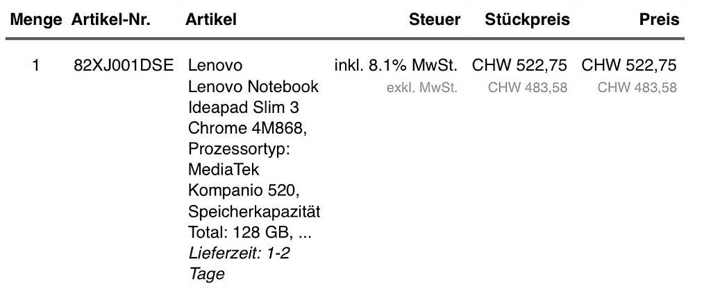 Notebook: Lenovo Notebook Ideapad Slim 3 Chrome 4M868 – Usato da Kölliken venduto da GTT 4