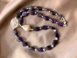 Unikat 💎 Neue Amethyst Halskette, Rosenquarz Barockperle