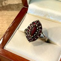 JUGENDSTIL RING SILBER 800-ER VERGOLDET GRANATE UM 1900,GR57