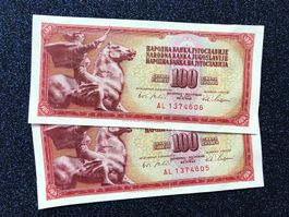 ***UNC 2 x 100 Dinara - Vintage - Belgrad 1965 - Jugoslawien