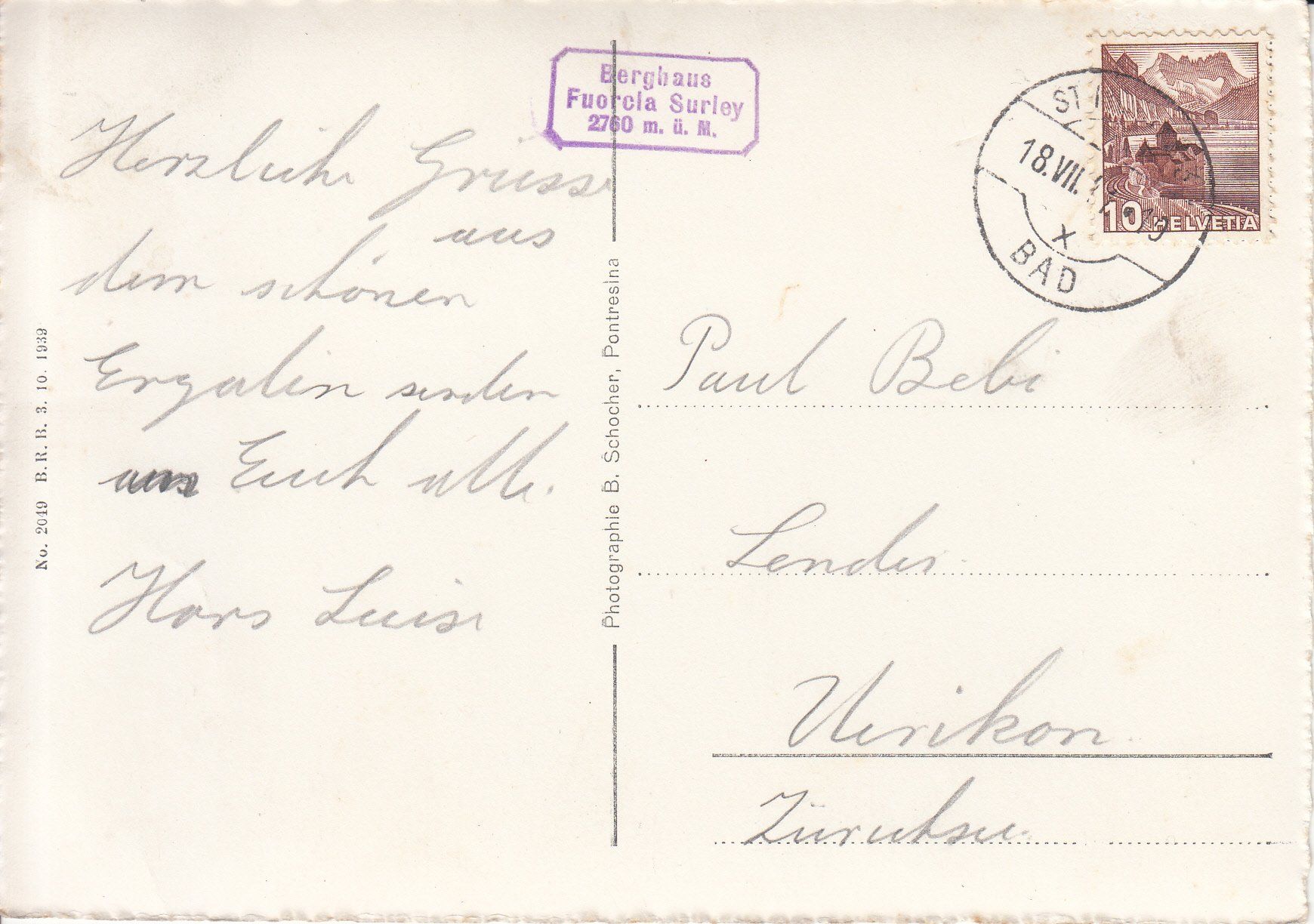 Cartoline postali: Bernina 1941 – Usato da Bürglen TG venduto da StampGraf 1