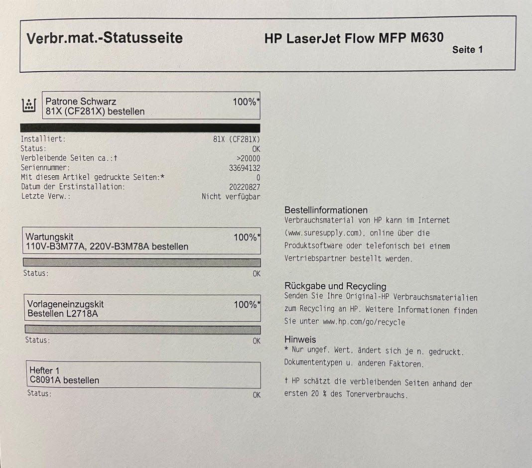Hewlett Packard Drucker: HP LaserJet Enterprise Flow M630z Top A4 Multifunktionsgerät – Gebraucht aus Glattbrugg von copytron 7
