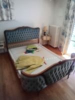 Lit double style ancien cadre bois capitonne bleu 140cm