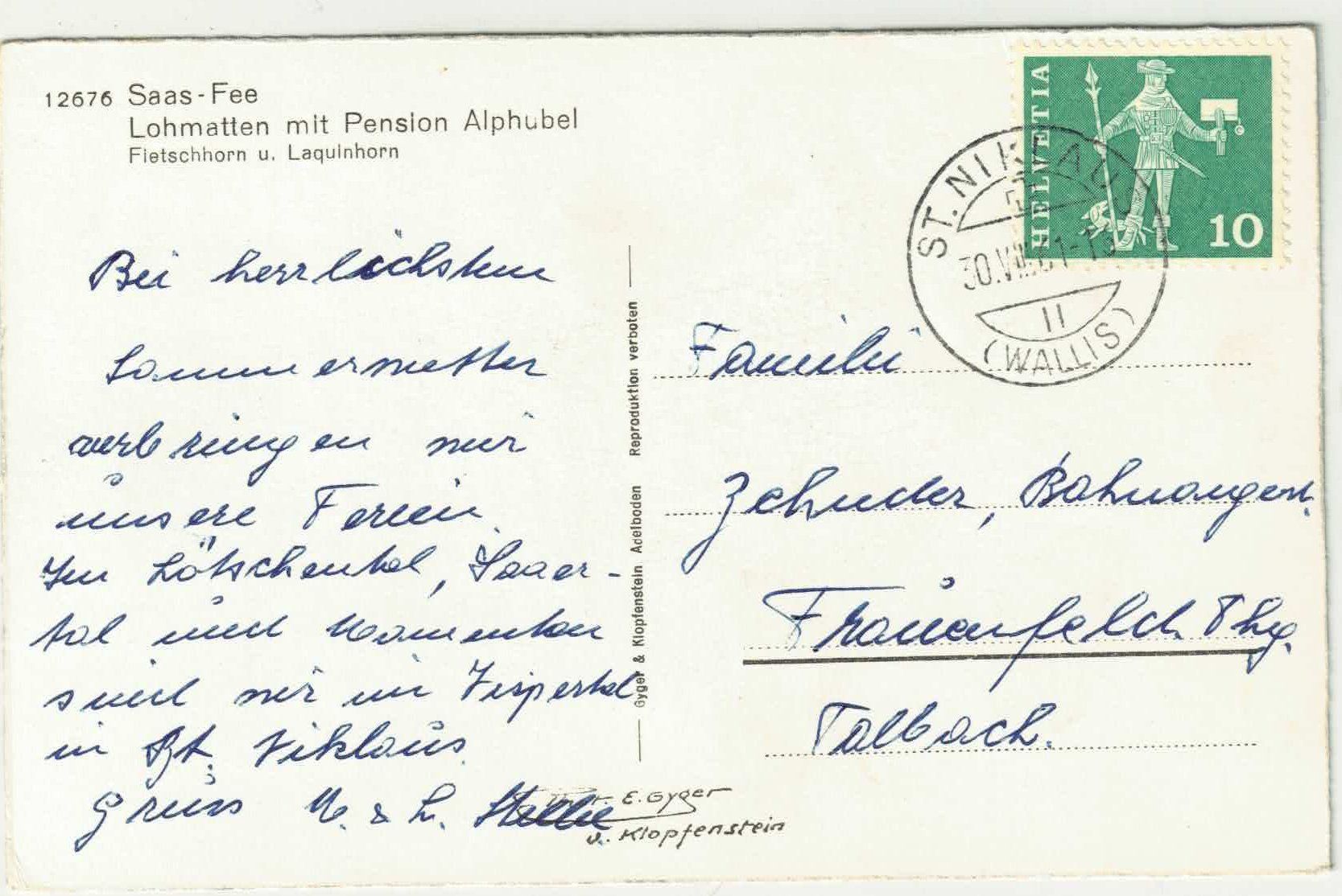 Cartoline postali: Saas-Fee - Lohmattem mit Pension Alphubel - Photo: E. Gyger – Usato da Ettingen venduto da Kartenplanet 1
