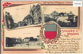 Souvenir de Lausanne - Place du Marche, Chateau - Präge-Kart