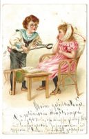 Zahnschmerzen - beim Zahnarzt anno dazu mal - Litho - 1901