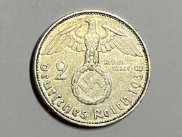 2 RM Deutsche Reich 1938 Paul von Hindenburg Münze ..Silber