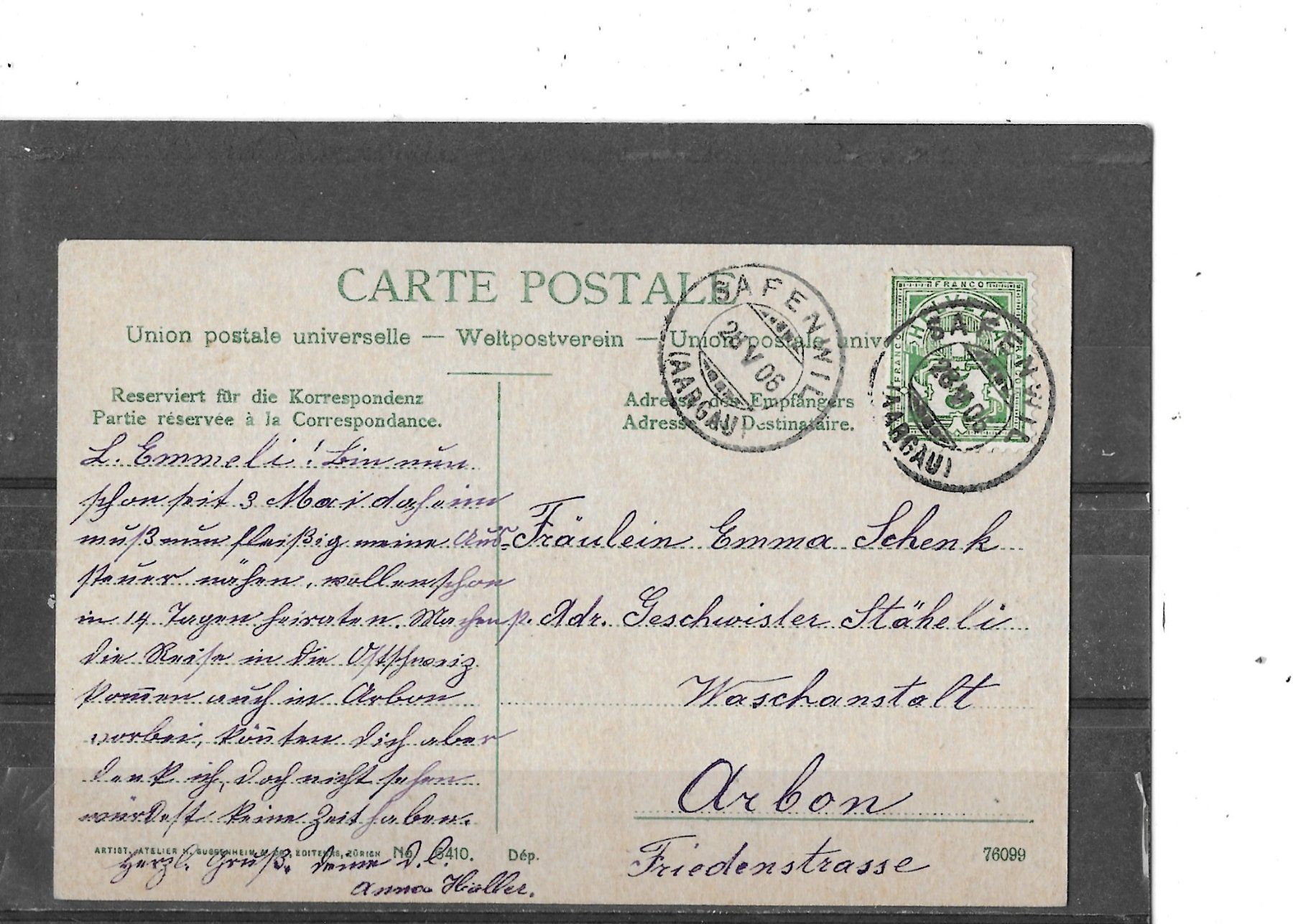 Cartoline postali: AG Aarau 1906 Jurastrasse – Usato da Schocherswil venduto da Wilare 1