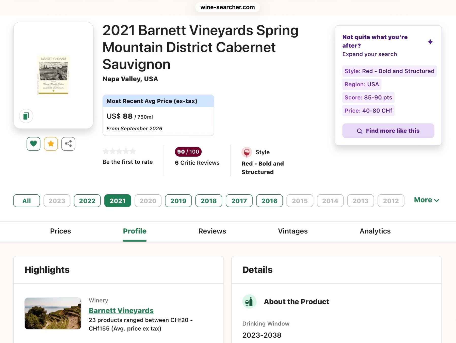 Vino: Barnett Cabernet Sauvignon 2021 91 Parker-Punkte! – Nuovo (secondo la descrizione) da Oberdorf BL venduto da Rn3959 4