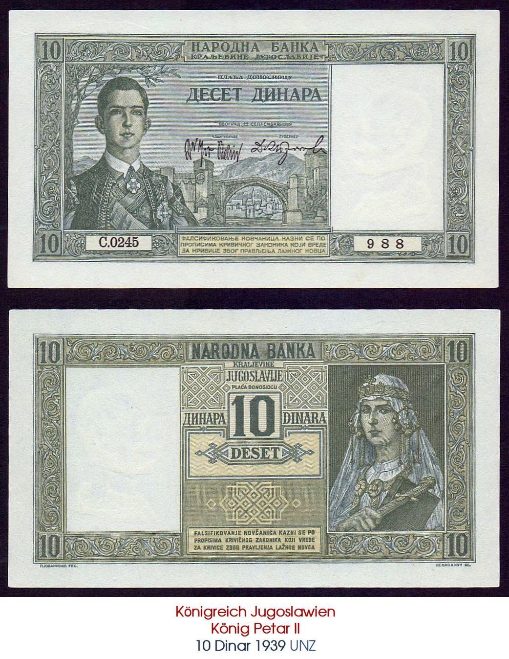 Banconote: 10 Dinar 1939 UNZ – Nuovo (secondo la descrizione) da Flamatt venduto da samowarow
