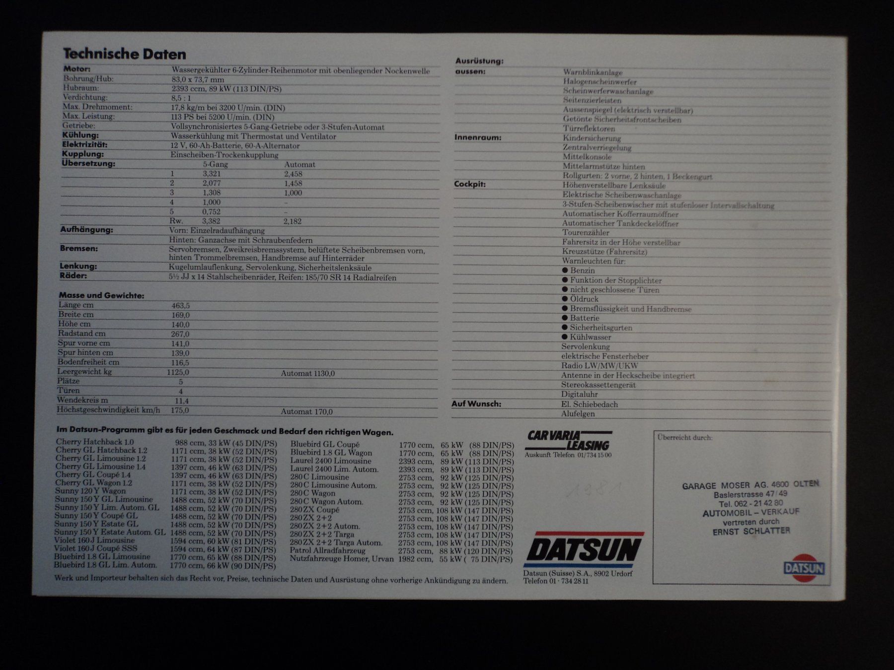 Datsun Documenti: Prospekt Datsun Laurel 2.4 – Usato da Schwarzenburg venduto da modelCARama 3
